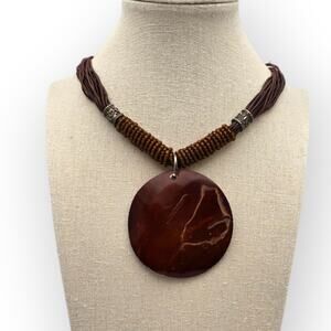 Brown Disc Pendant Necklace Corded Multi Strand - Earthy Modern Organic Boho